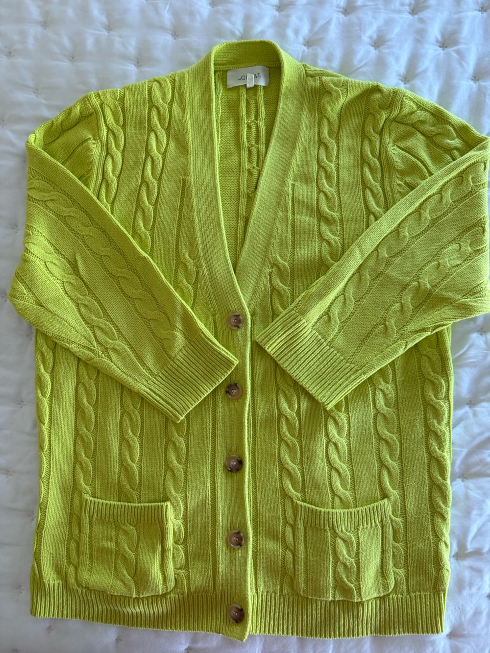 THE GREAT. Neon Lime Cable-Knit Cardigan